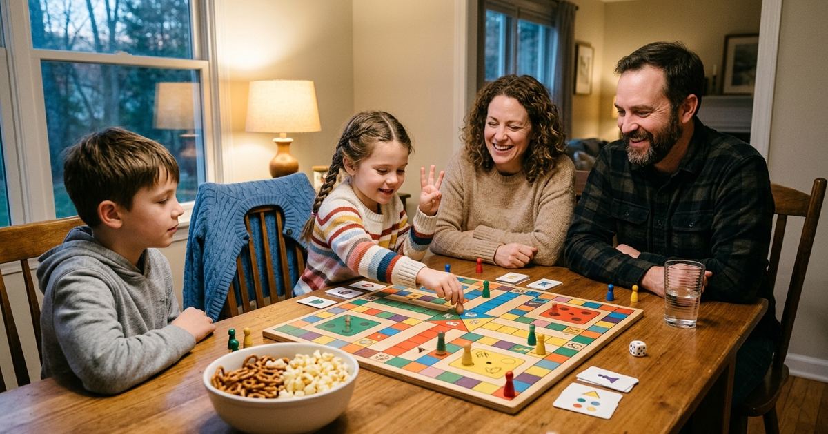 Family around a board game at the dining table as a child counts spaces aloud