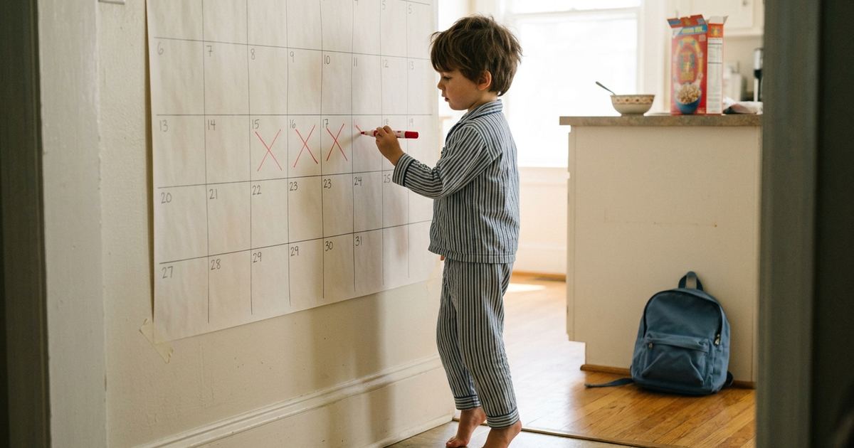 Young boy in pajamas crossing off a day with a red marker on a large paper calendar taped to the kitchen wall