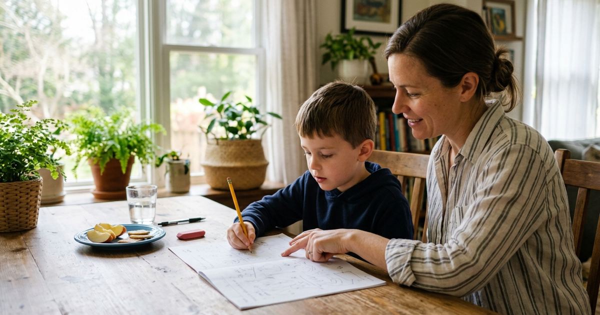 Parent and child working through a worksheet together at a dining table in daylight