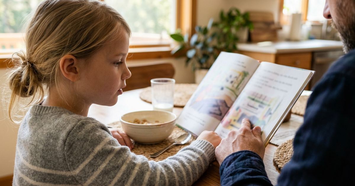 Parent covering the picture in a book while a child reads aloud at the kitchen table