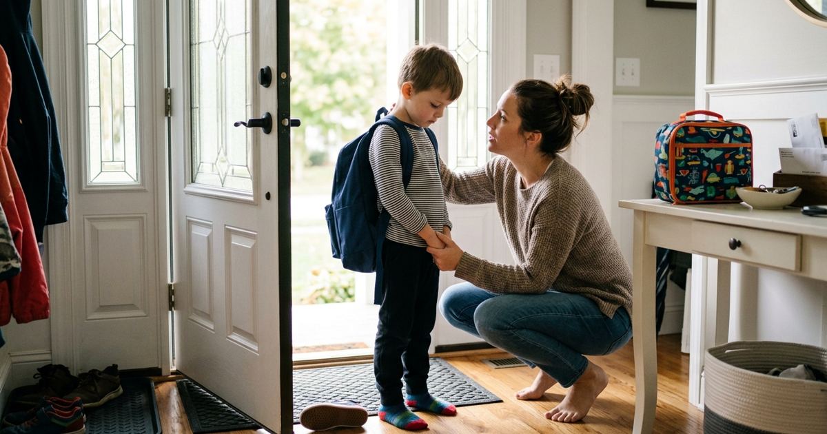 Parent crouched at kid height by the front door, talking with a reluctant child wearing a backpack in the morning