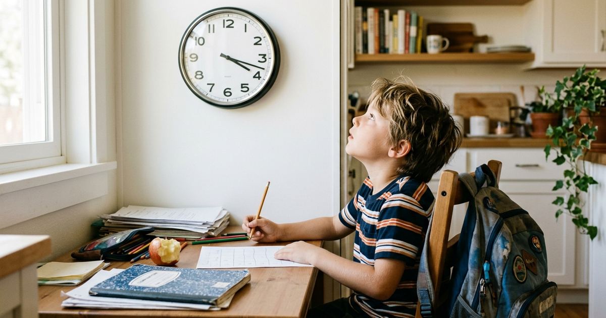 Kid comparing a wall clock with a paper schedule at a kitchen desk