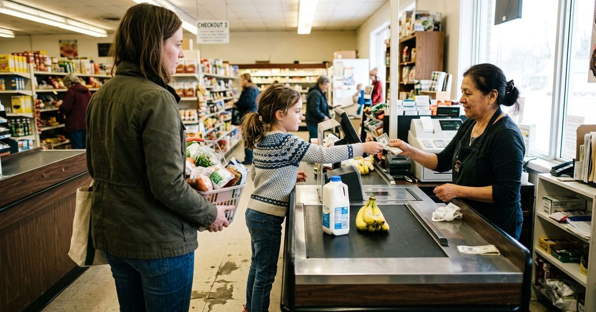 Child at a grocery store checkout handing a bill to the cashier while a parent waits with a basket