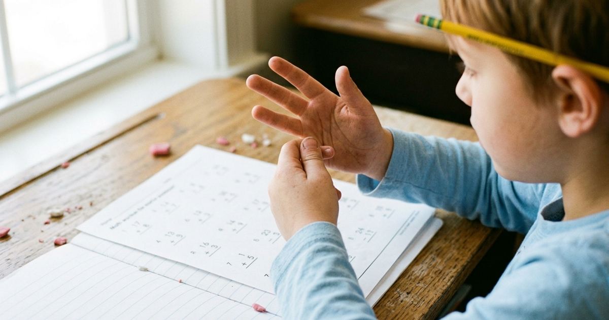 Kid's hands counting on fingers above a math worksheet at a desk
