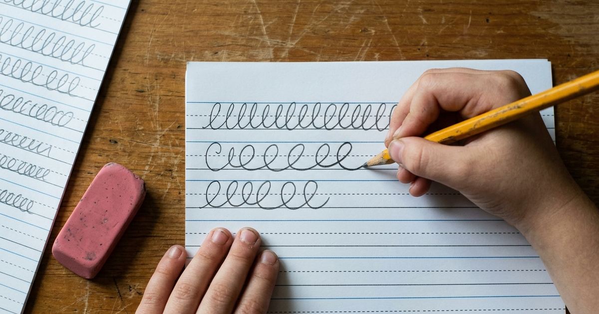 Close-up of a child's hand practicing rows of connected cursive loops in pencil on lined handwriting paper
