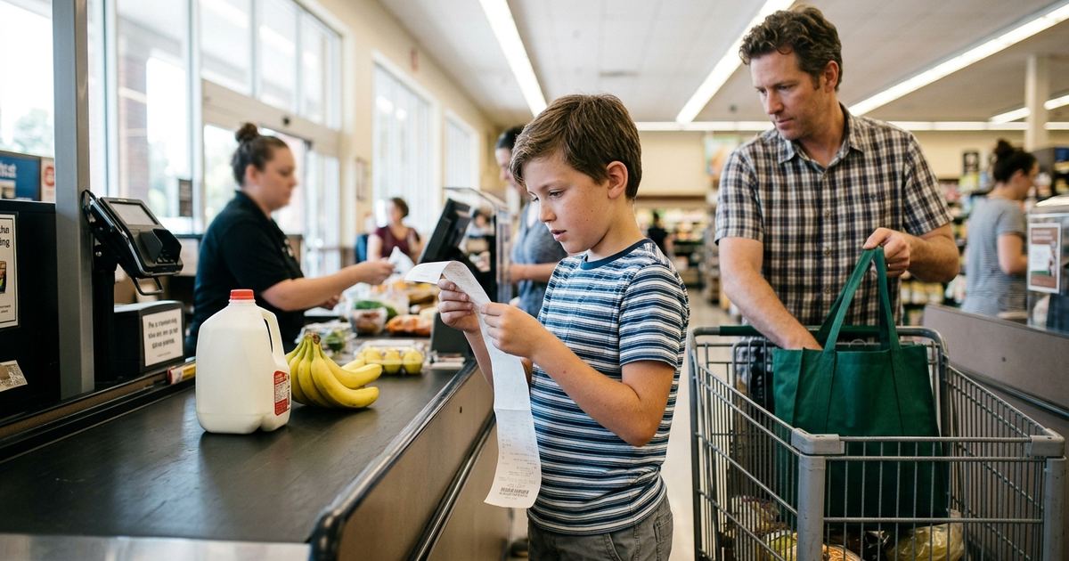 Boy reading a long grocery receipt at the checkout while his dad loads bags into the cart