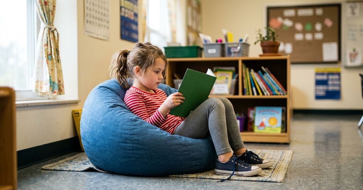 First grader reading a thin paperback on a beanbag in a classroom reading corner