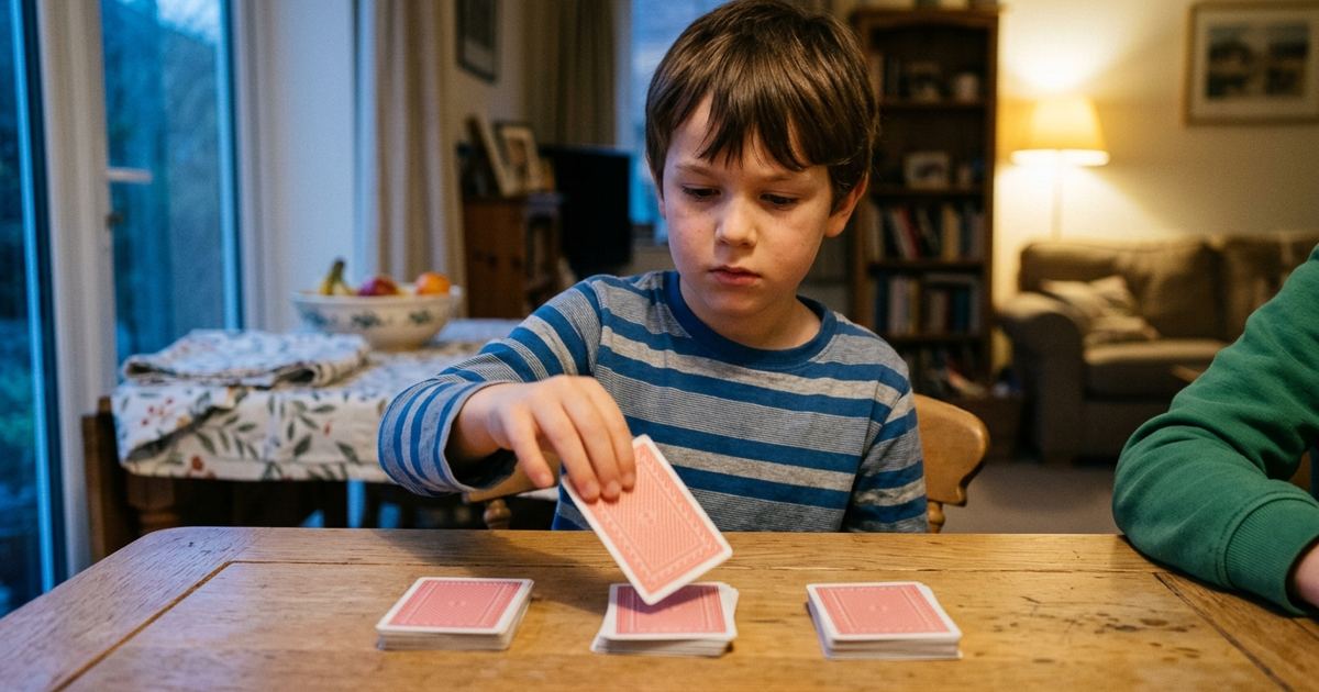 Kid dealing playing cards evenly into three piles at a kitchen table