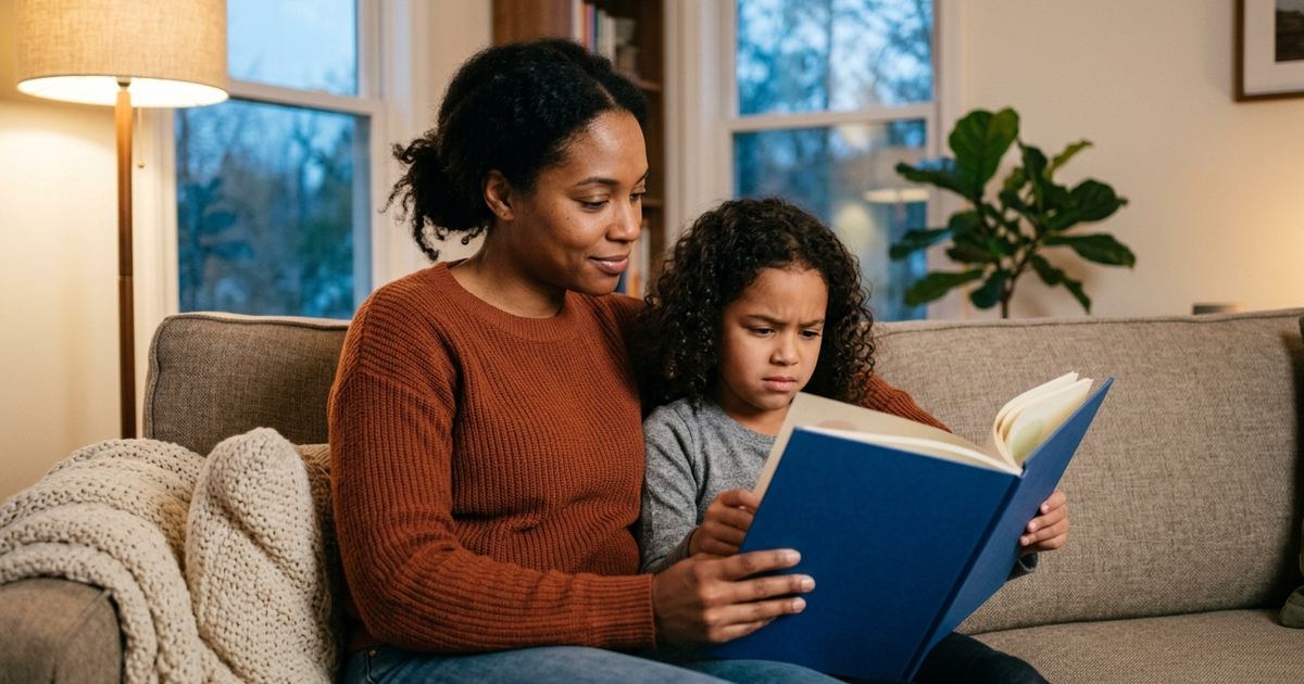 Parent and child reading together at dusk, the child frowning at the page
