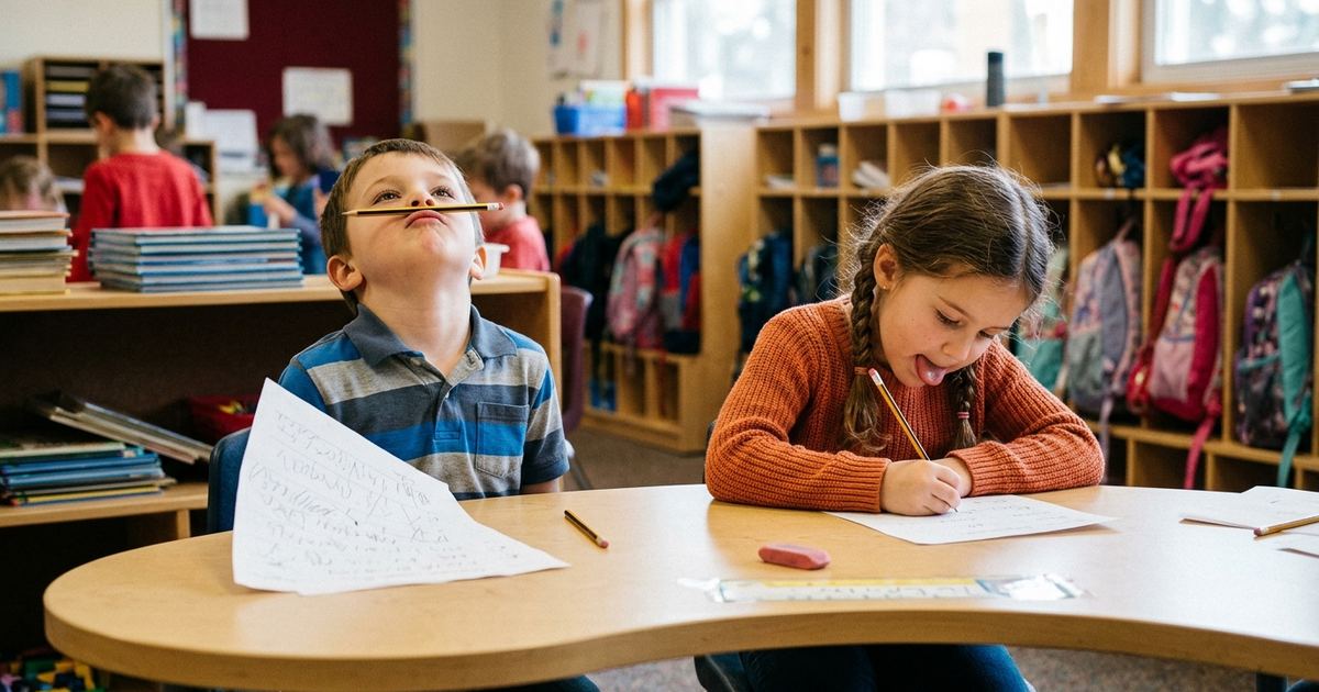 Two first graders at a classroom table, one leaning back finished with a pencil on his lip, the other still writing