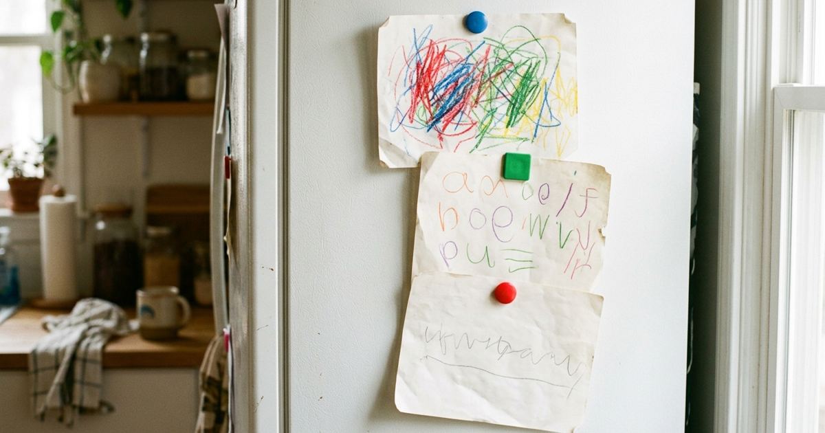 Three papers on a fridge showing scribbles, letter-like shapes, and a wobbly line of words