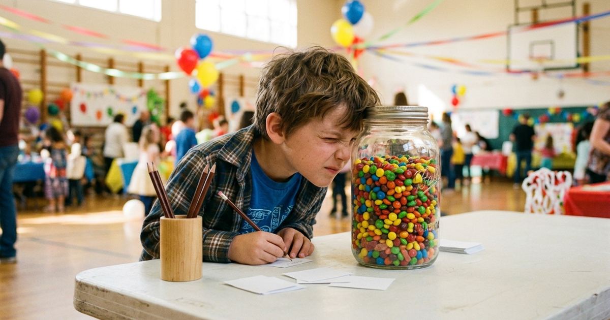 Child guessing the number of candies in a mason jar at a school fair table