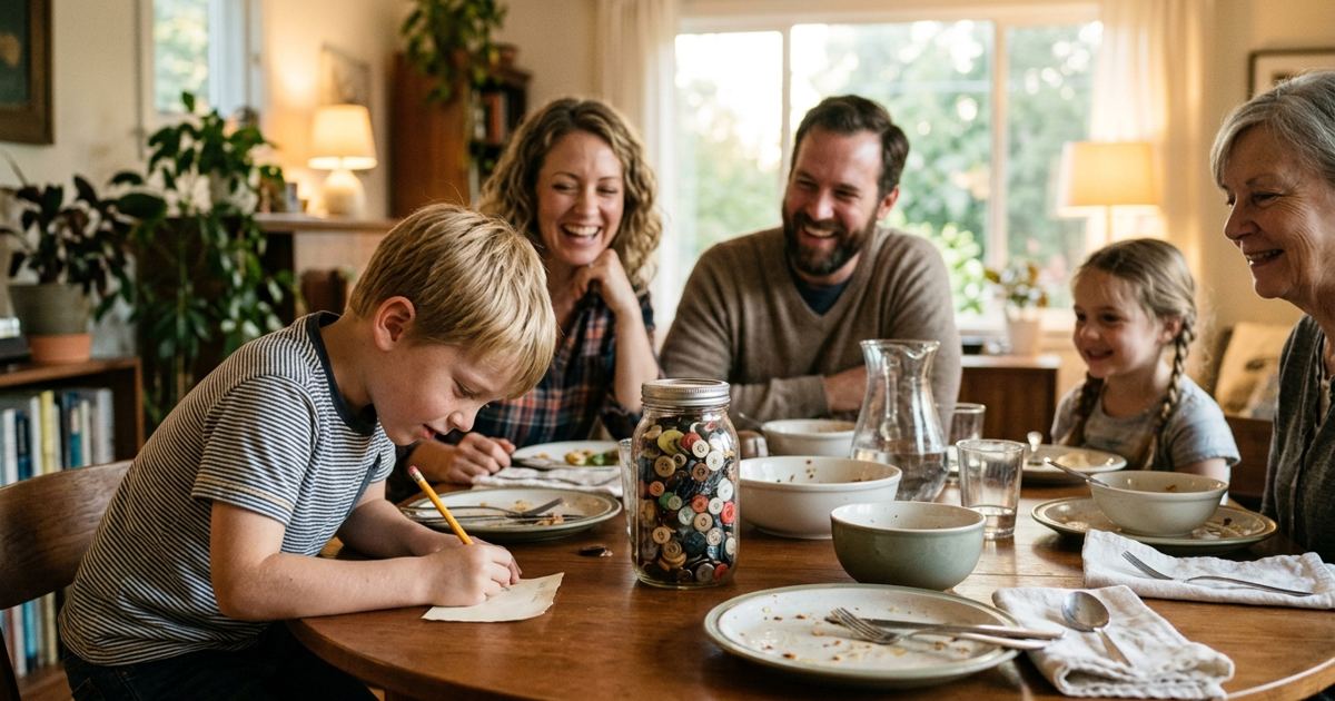 Family guessing the number of buttons in a jar at the dinner table while a kid writes a guess