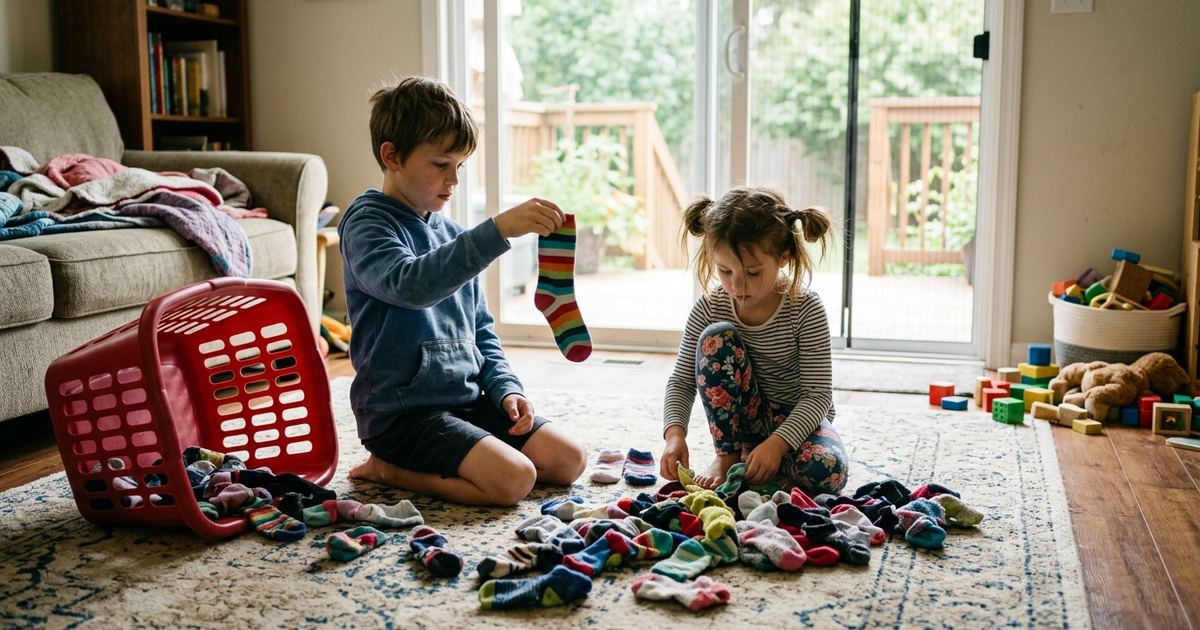 Two siblings on a living room rug pairing up socks from a tipped-over red laundry basket