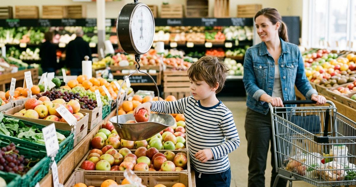 Kid holding apples over a produce scale in a grocery aisle while a parent waits with the cart