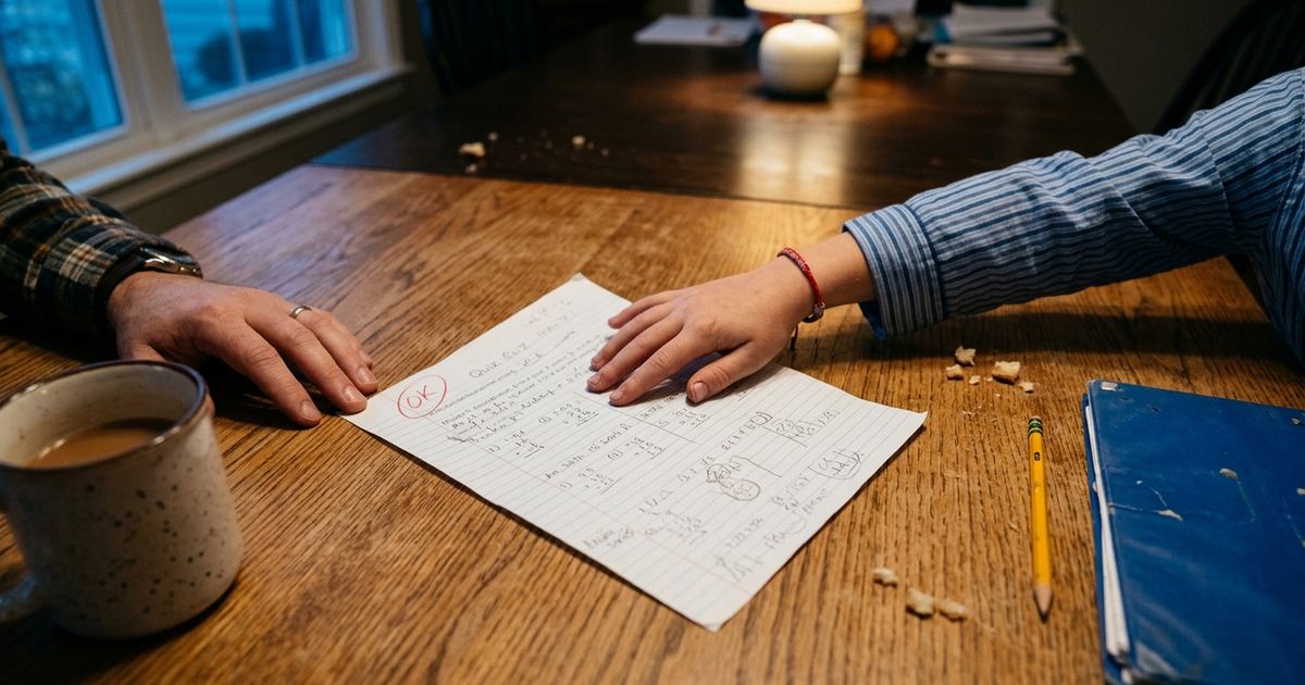 Child's hand pushing a graded quiz across the kitchen table toward a parent's hand under an evening lamp