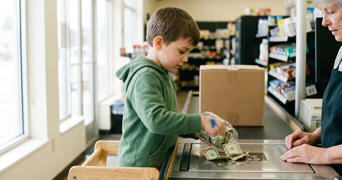 Child counting dollar bills and quarters out of a glass jar at a store checkout counter