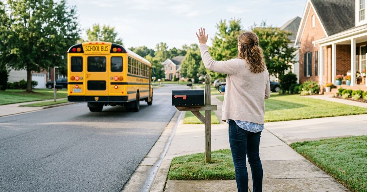 Parent waving at a school bus pulling away on a suburban sidewalk in morning light