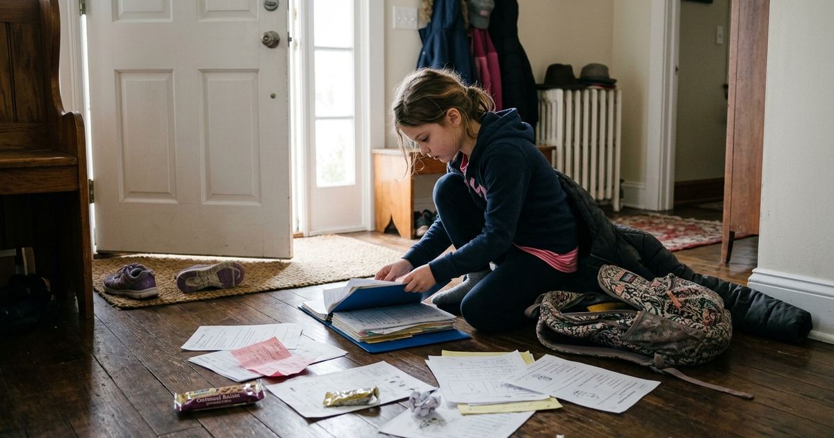 Fourth grader kneeling in the hallway sorting through an overstuffed school folder with papers spread across the floor