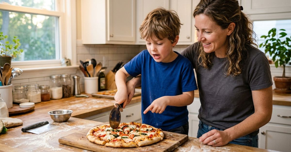 Parent and child cutting a homemade pizza into slices in an evening kitchen