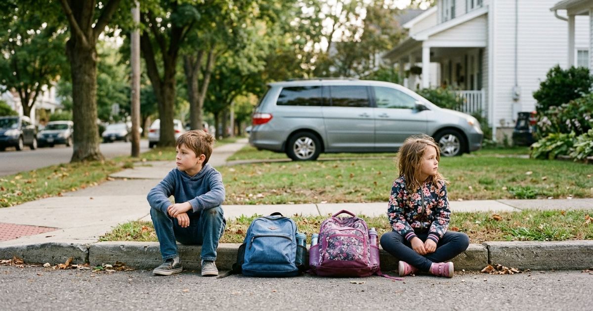 Two kids sitting apart on a curb after school with backpacks between them