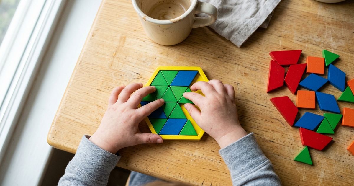 Child's hands filling a yellow pattern-block hexagon with green triangles and blue rhombuses on a kitchen table