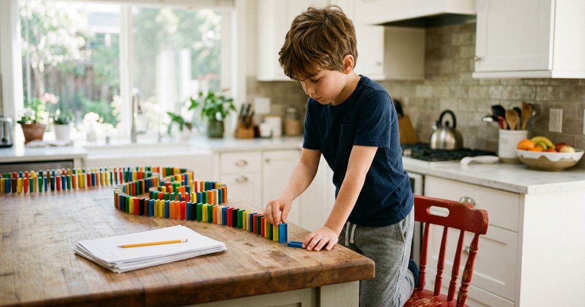 Kid building an elaborate domino run at the kitchen counter while finished homework sits nearby
