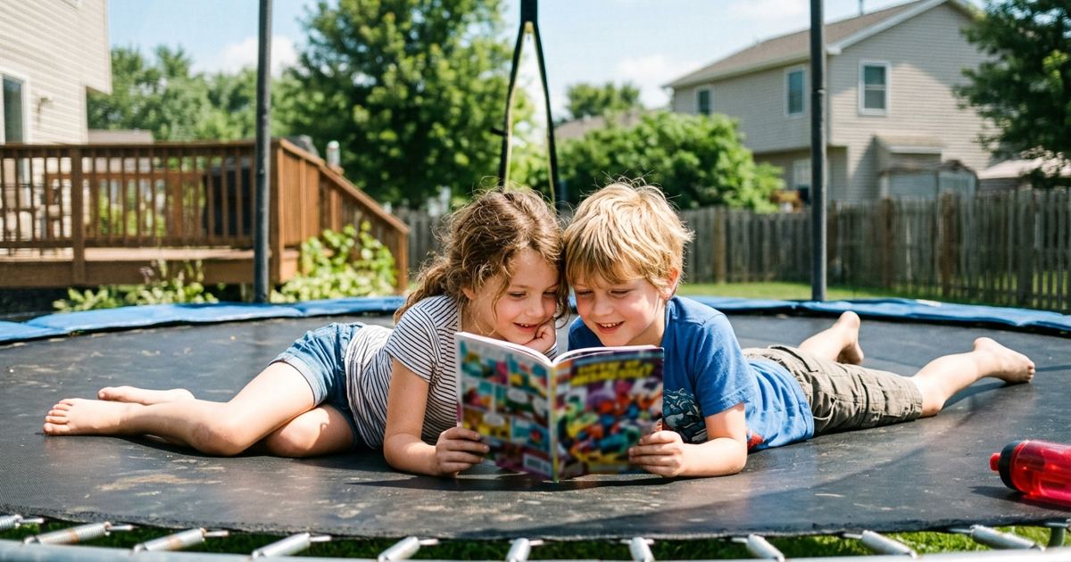 Two kids reading the same graphic novel head-to-head on a trampoline on a summer day