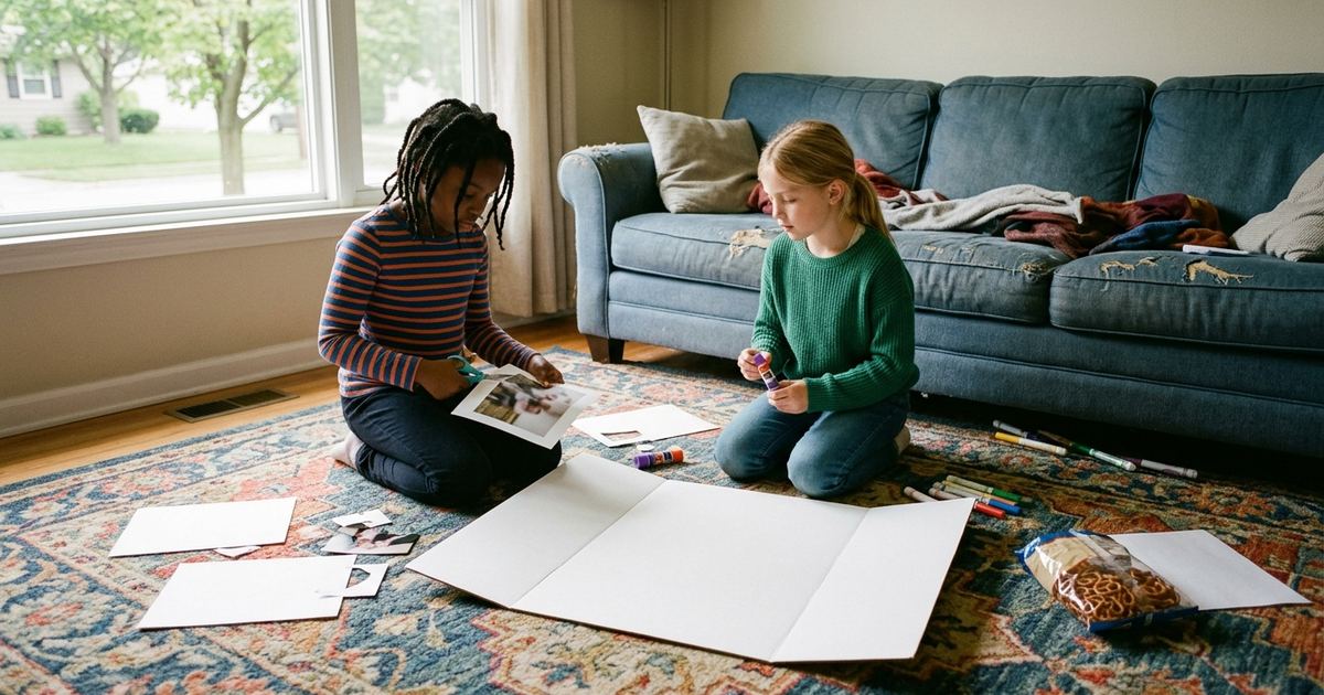 Two fourth graders on a living-room rug cutting photos and gluing them onto a blank tri-fold poster board