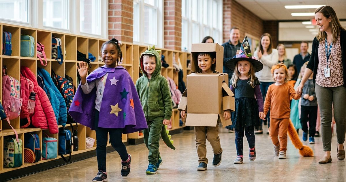 Kindergarteners in homemade costumes walking a school hallway past cubbies during the Halloween parade, teacher alongside