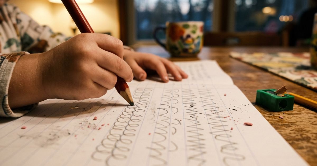 Small hand gripping a fat pencil practicing letter shapes on wide-ruled paper