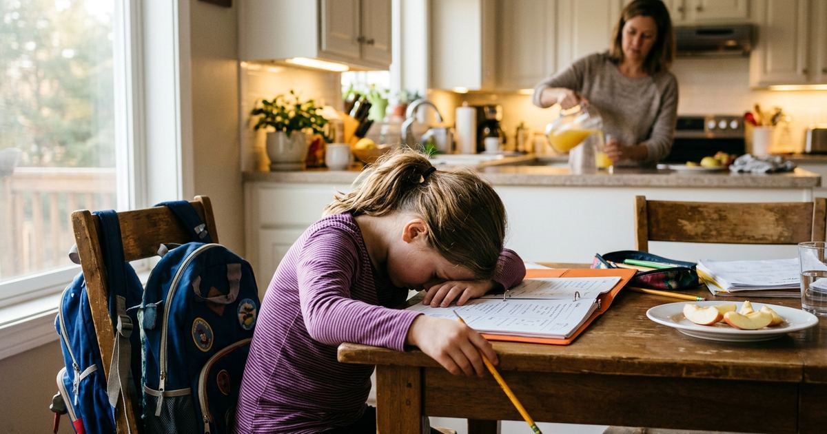 Parent and elementary school child working through homework together at the kitchen table