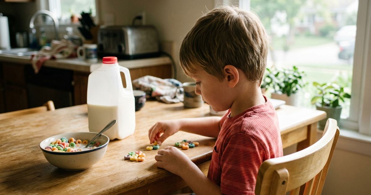 First grader using cereal pieces to solve a math problem at breakfast