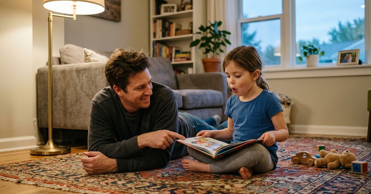 Parent and young child reading a picture book together on the couch
