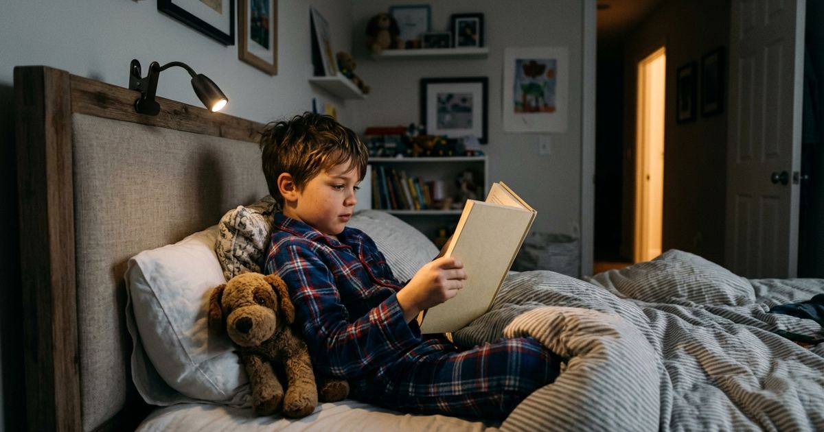 Kid in pajamas reading in bed under a clip-on reading light in a dark cozy room