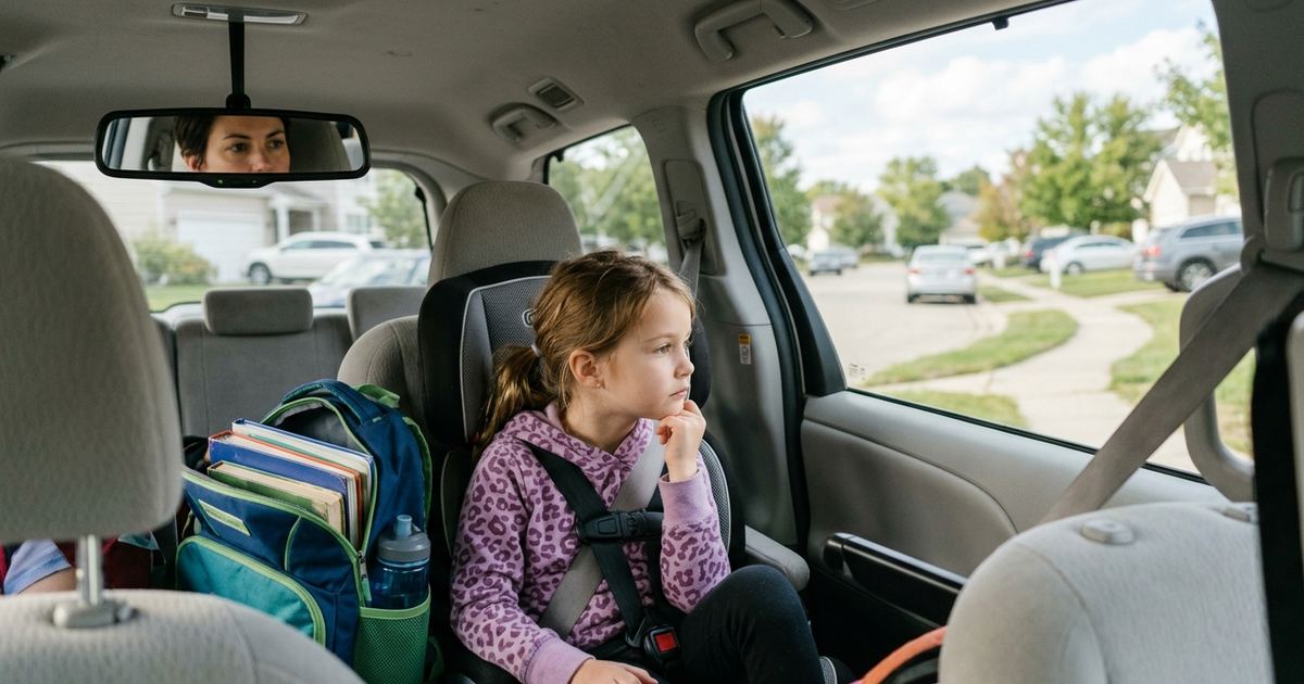 Parent and child talking in the car on the way home from school pickup
