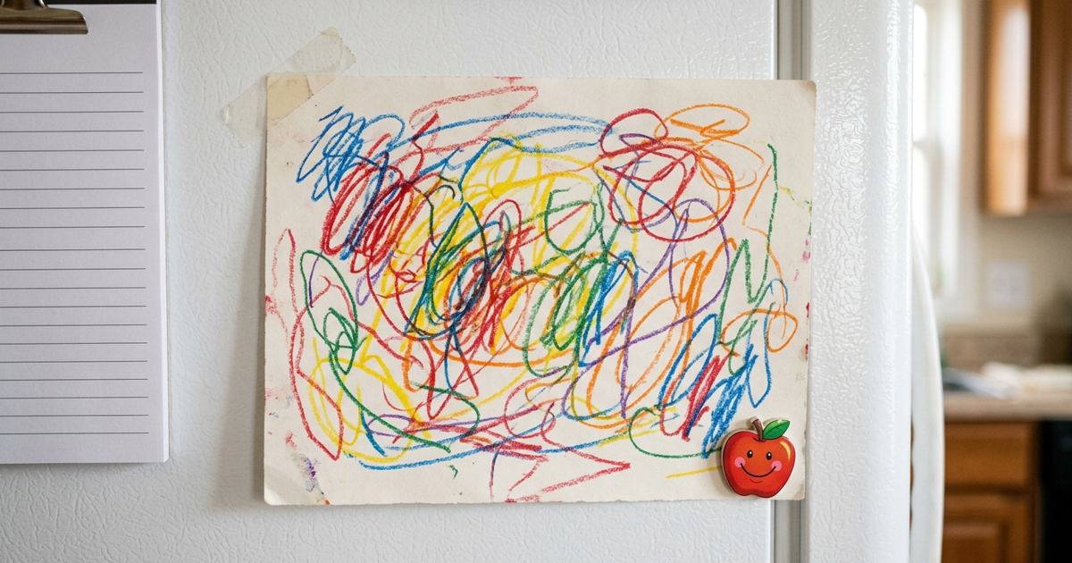 A child's crayon note with big wobbly letters taped to a refrigerator
