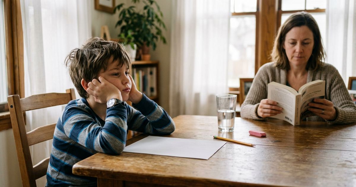 Child staring at a blank page with pencil down while a parent sits nearby