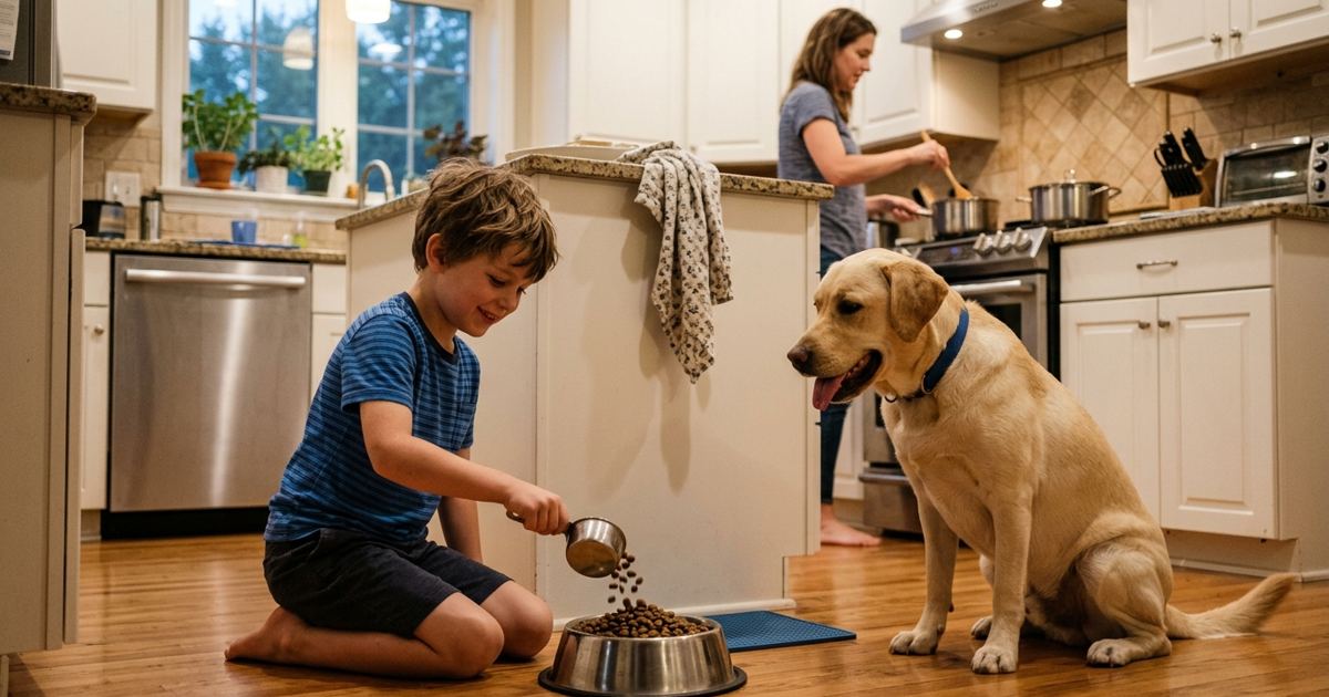 Child feeding a dog with a measuring scoop while a parent cooks in the background