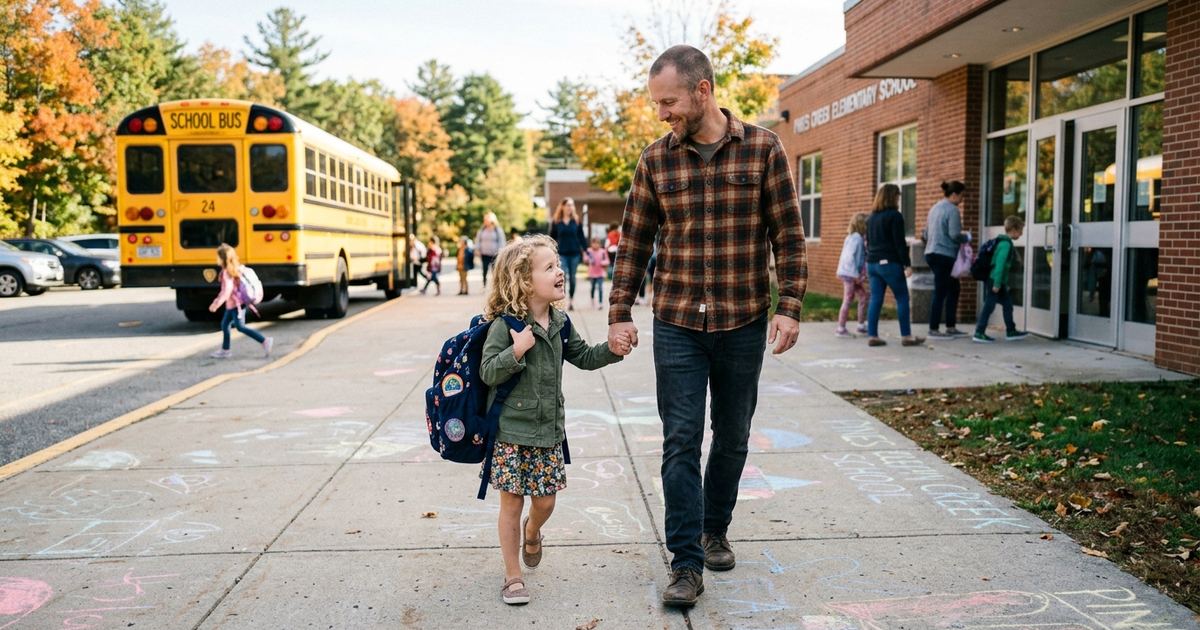 Young child with a backpack walking toward an elementary school entrance on the first day