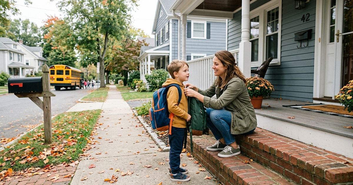 Parent crouching on a front porch step to adjust a five-year-old's backpack, school bus down the street