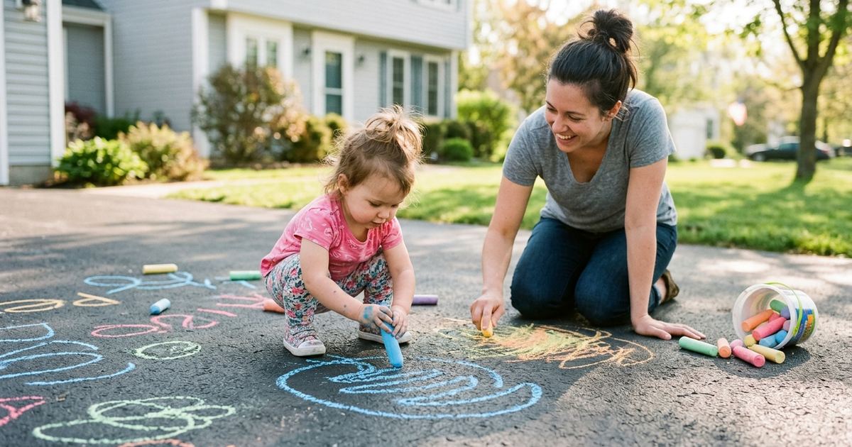 Parent and preschooler drawing big chalk letters on a sunny driveway