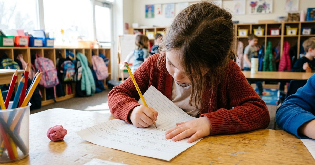 Second grader writing with her left hand at a classroom table, her paper tilted with the top-right corner raised