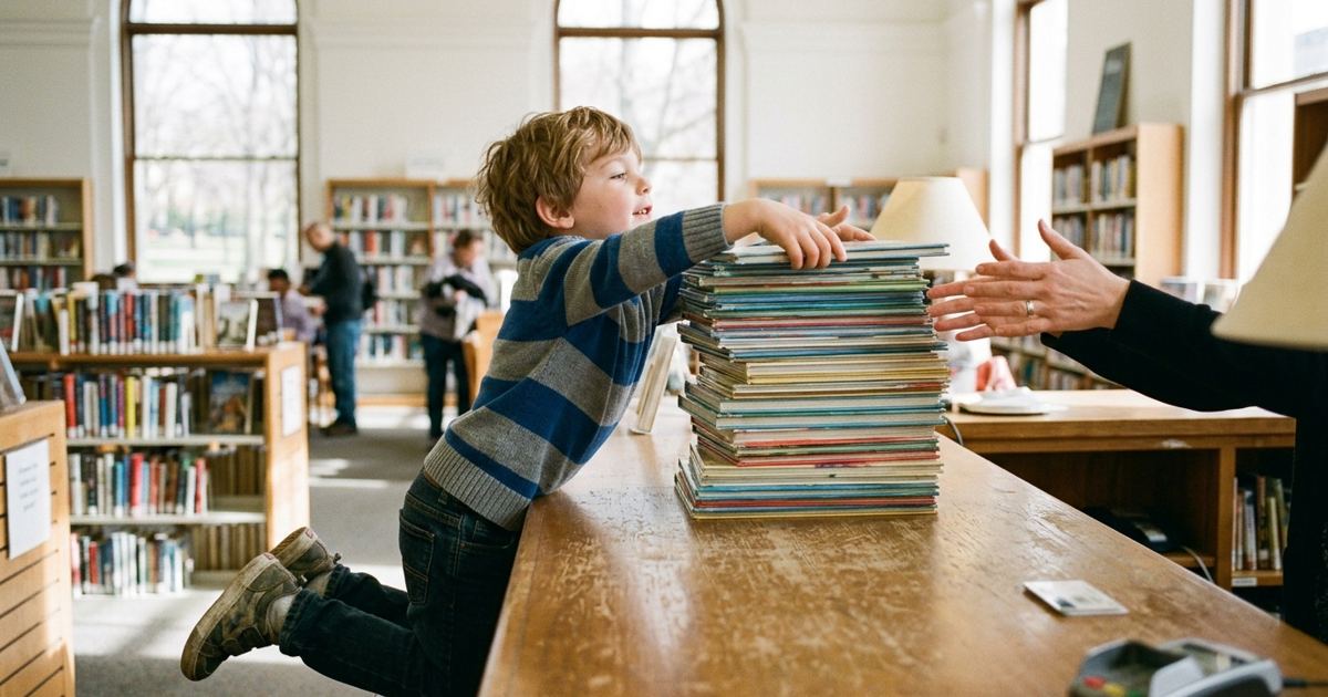 Child on tiptoes sliding a stack of books onto a library checkout desk