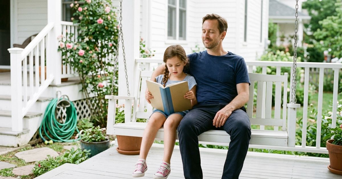 Child reading aloud to a parent on a porch swing in the evening