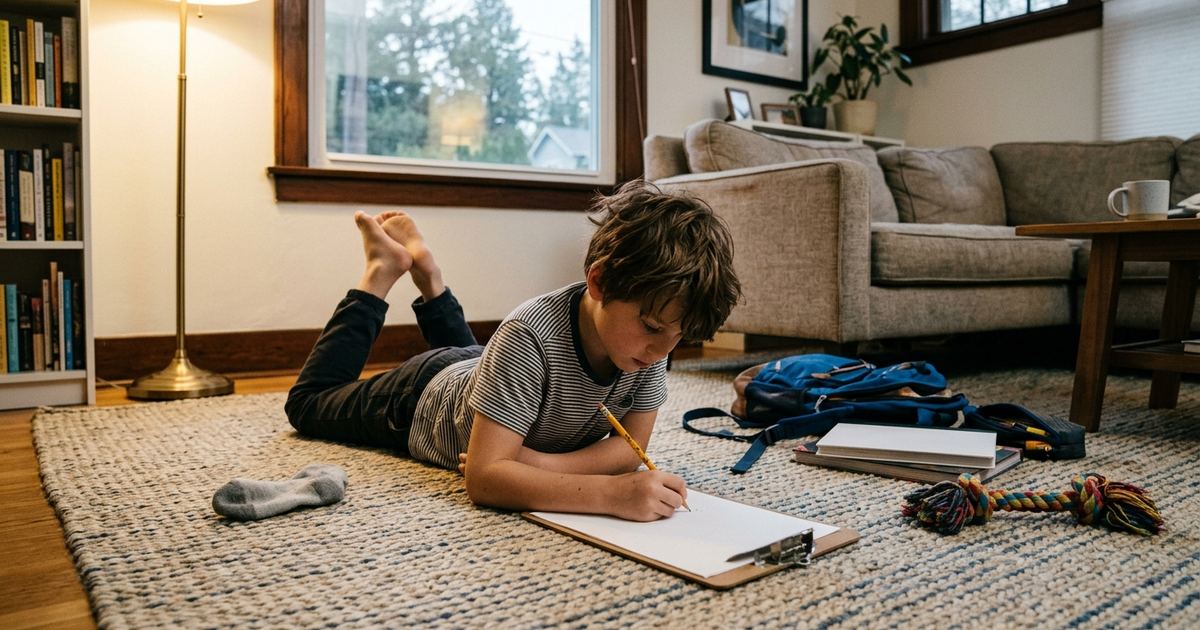Boy lying on a living room rug in the evening doing a math worksheet with a yellow pencil, backpack spilled beside him