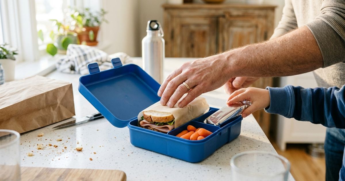 Open lunchbox being packed on a kitchen counter while a child's hand sneaks in to swap an item