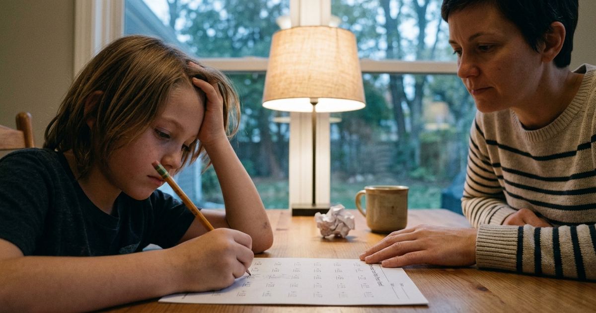 Parent and child working through math homework together at the table