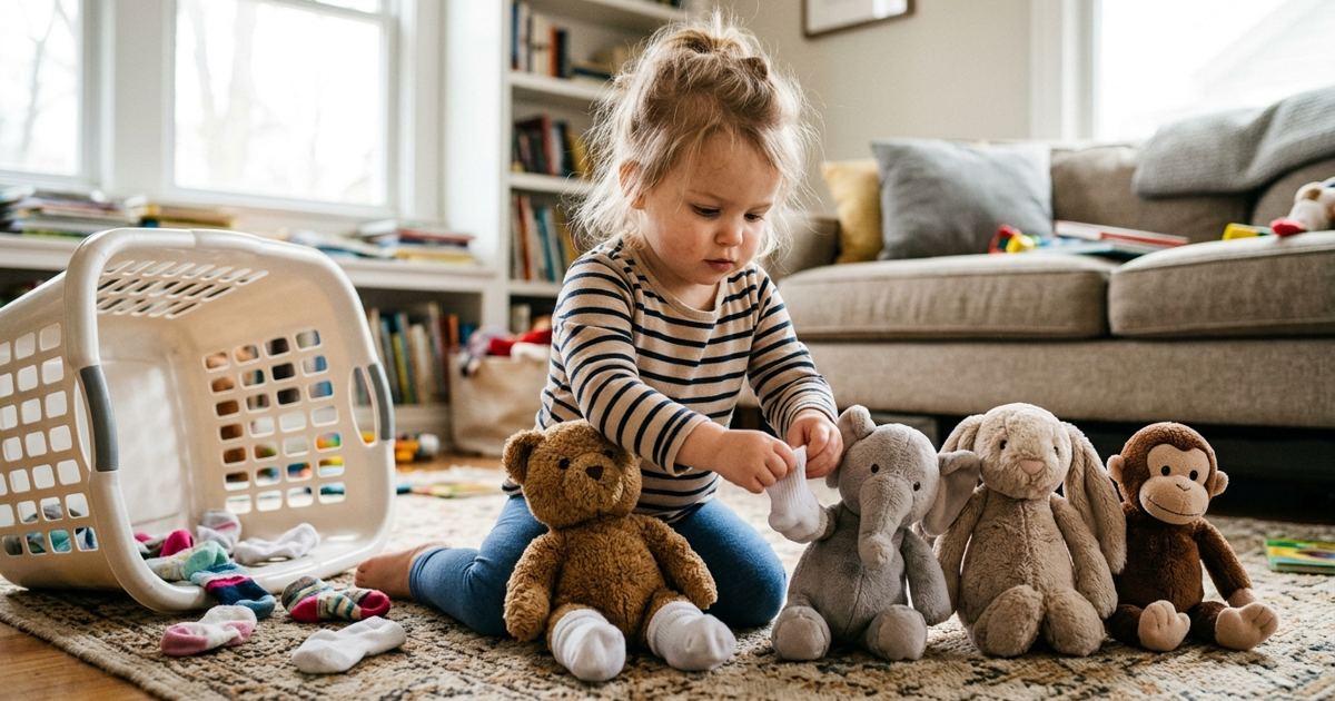 Toddler putting one sock on each stuffed animal lined up on a rug