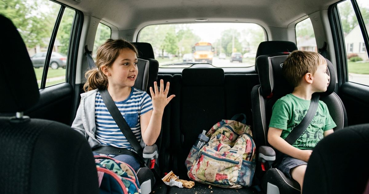 Two siblings buckled in the back seat of an SUV on the school run, the older one counting on her fingers